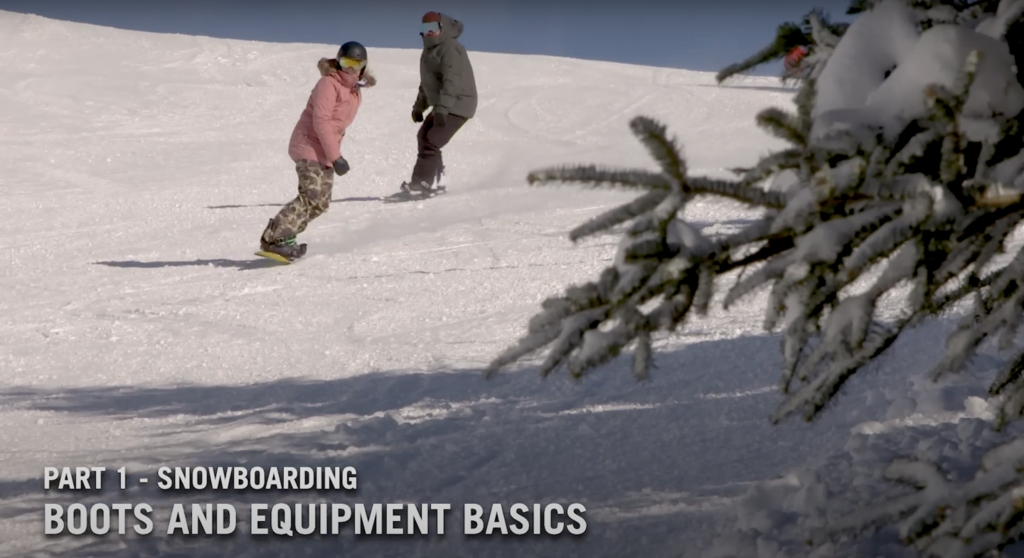 video still of snowboarders heading down mountain, with title graphic