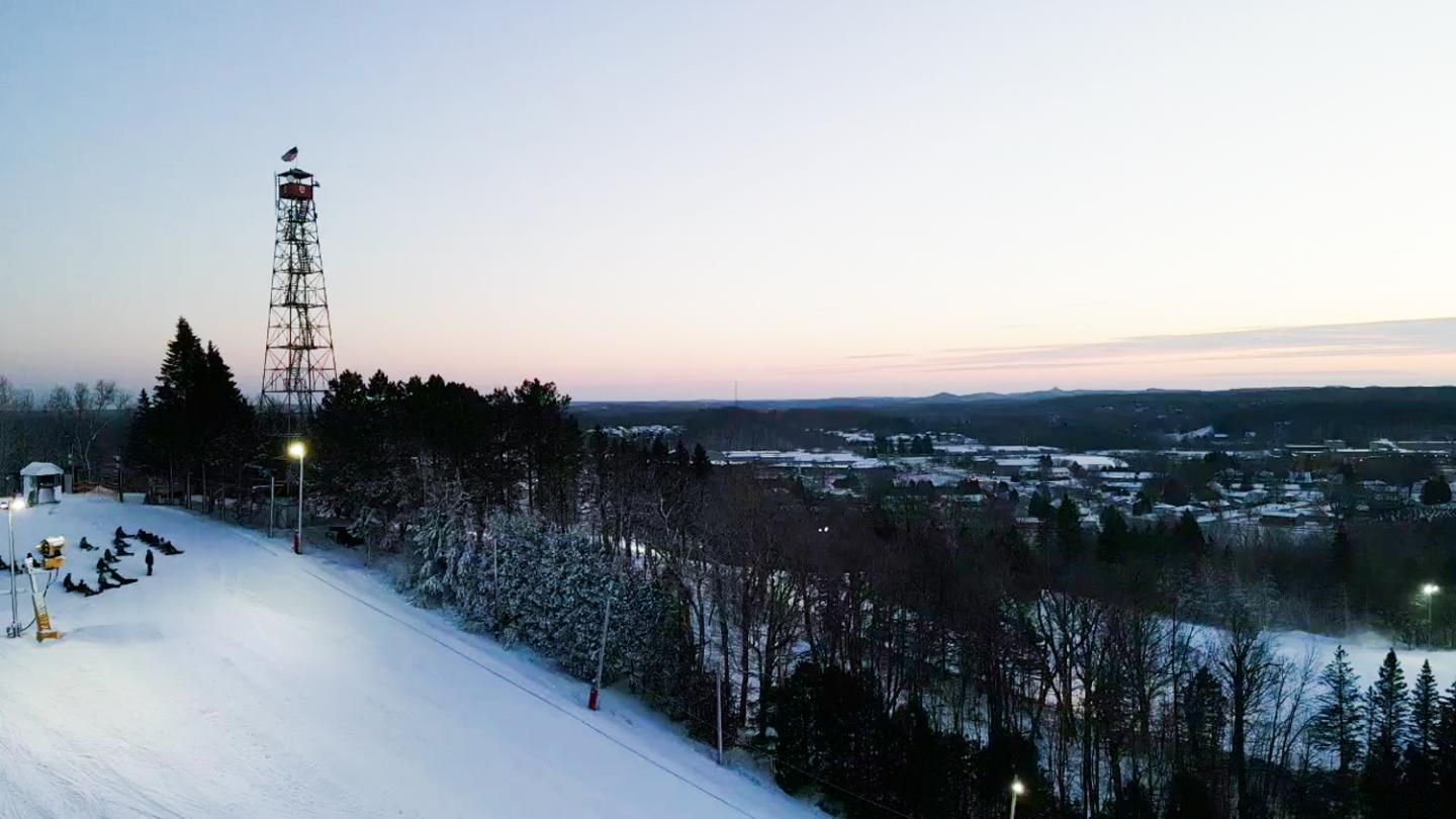 aerial view of ski hill at dusk