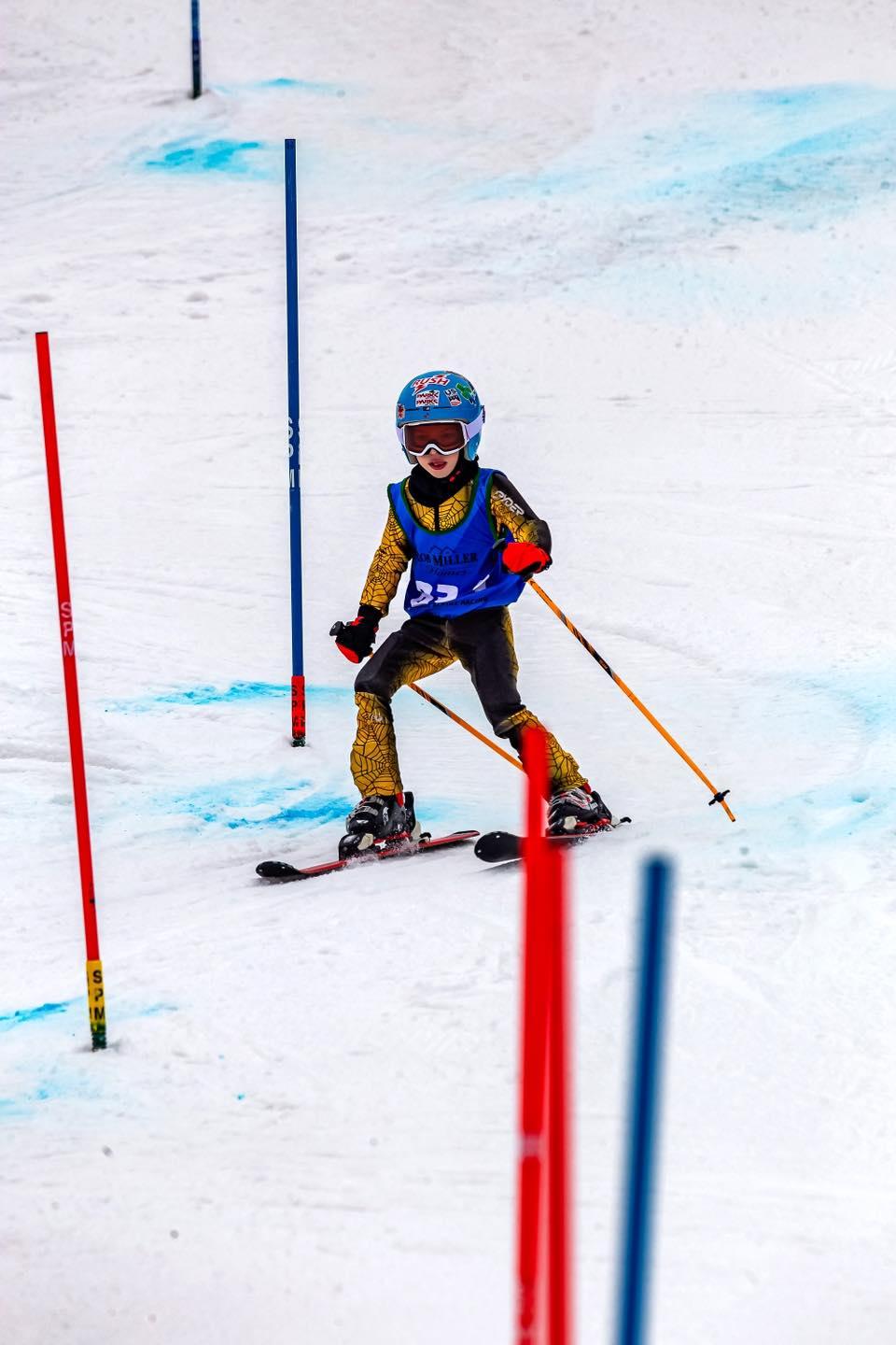 Ski racer navigating slalom course with poles.