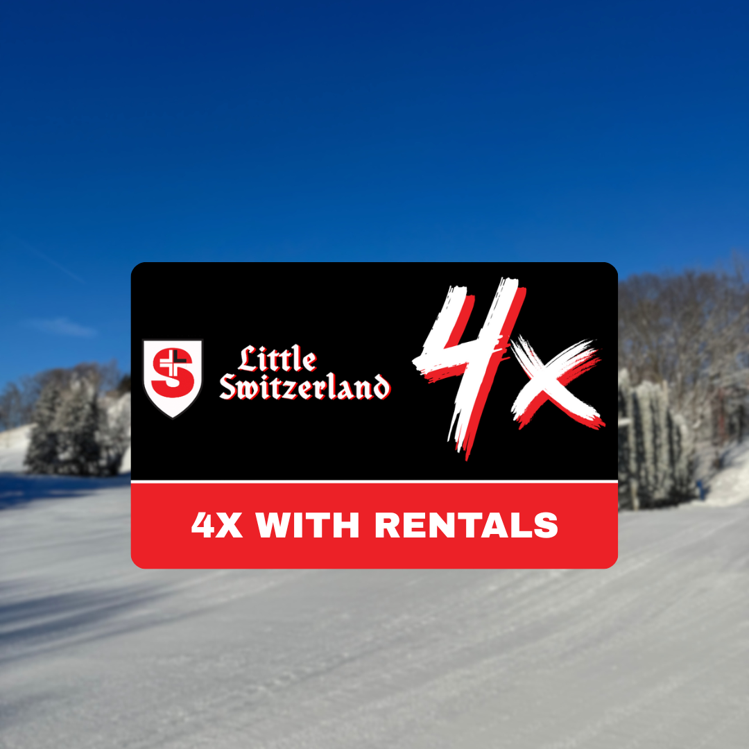 Snowy landscape under clear blue sky with "Little Switzerland 4X" logo.