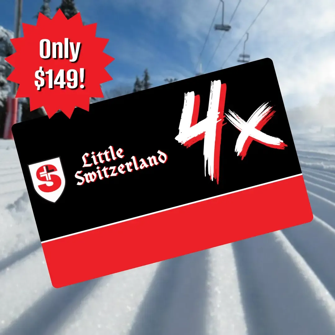 Ski slope under a blue sky, with a red and black promotional card overlay.