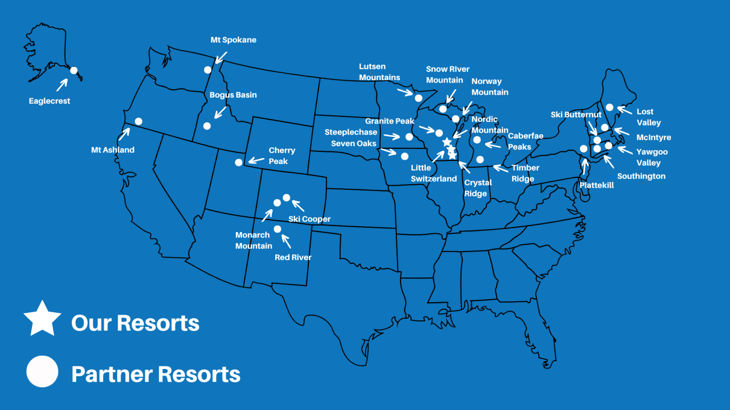Map of resorts across the U.S. with star and dot markers.