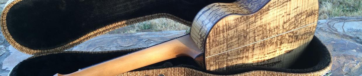 Open guitar case with a wooden guitar neck inside.