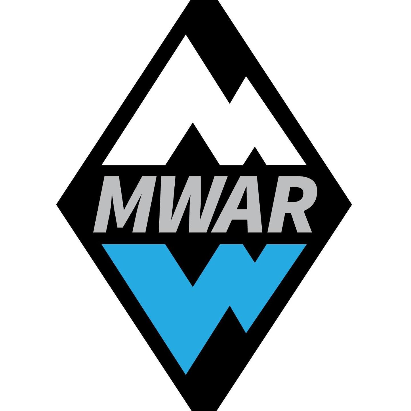 MWAR logo, black, white, and blue diamond shape.