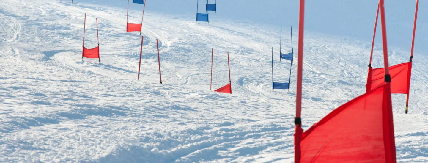 Snowy ski slope with red and blue slalom gates.