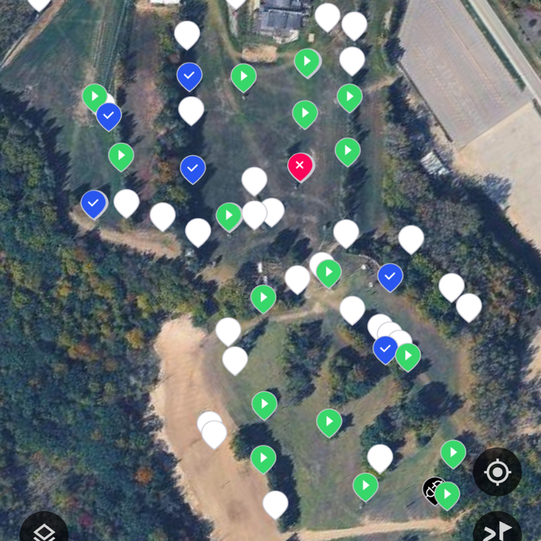 Map with colored pins marking locations in a park area.