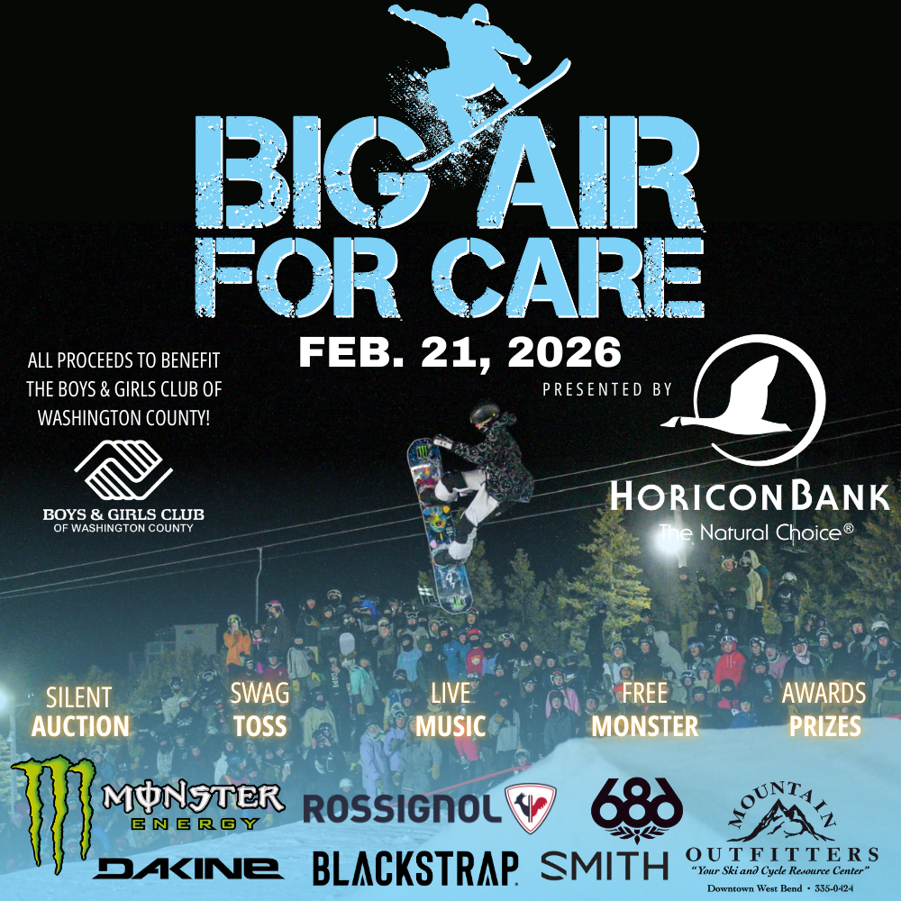 Snowboarder performing a trick above a crowd, event details overlay.