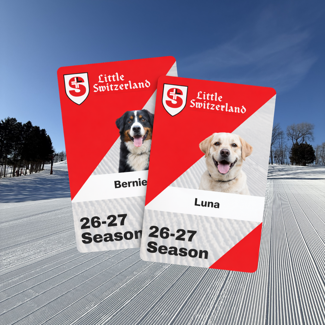 Ski passes featuring dog photos against a snowy landscape.