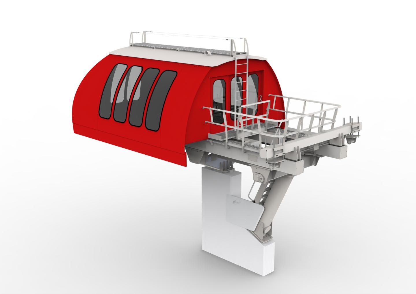 Red cable car station with large windows and metal platform.
