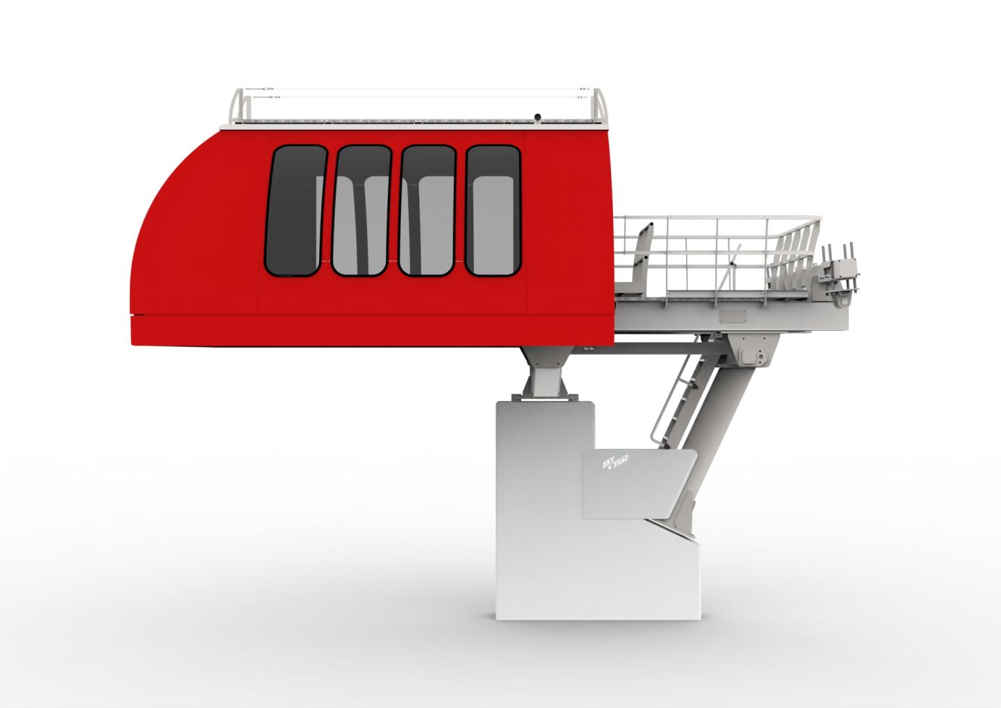 Red cable car station with modern design, side view.