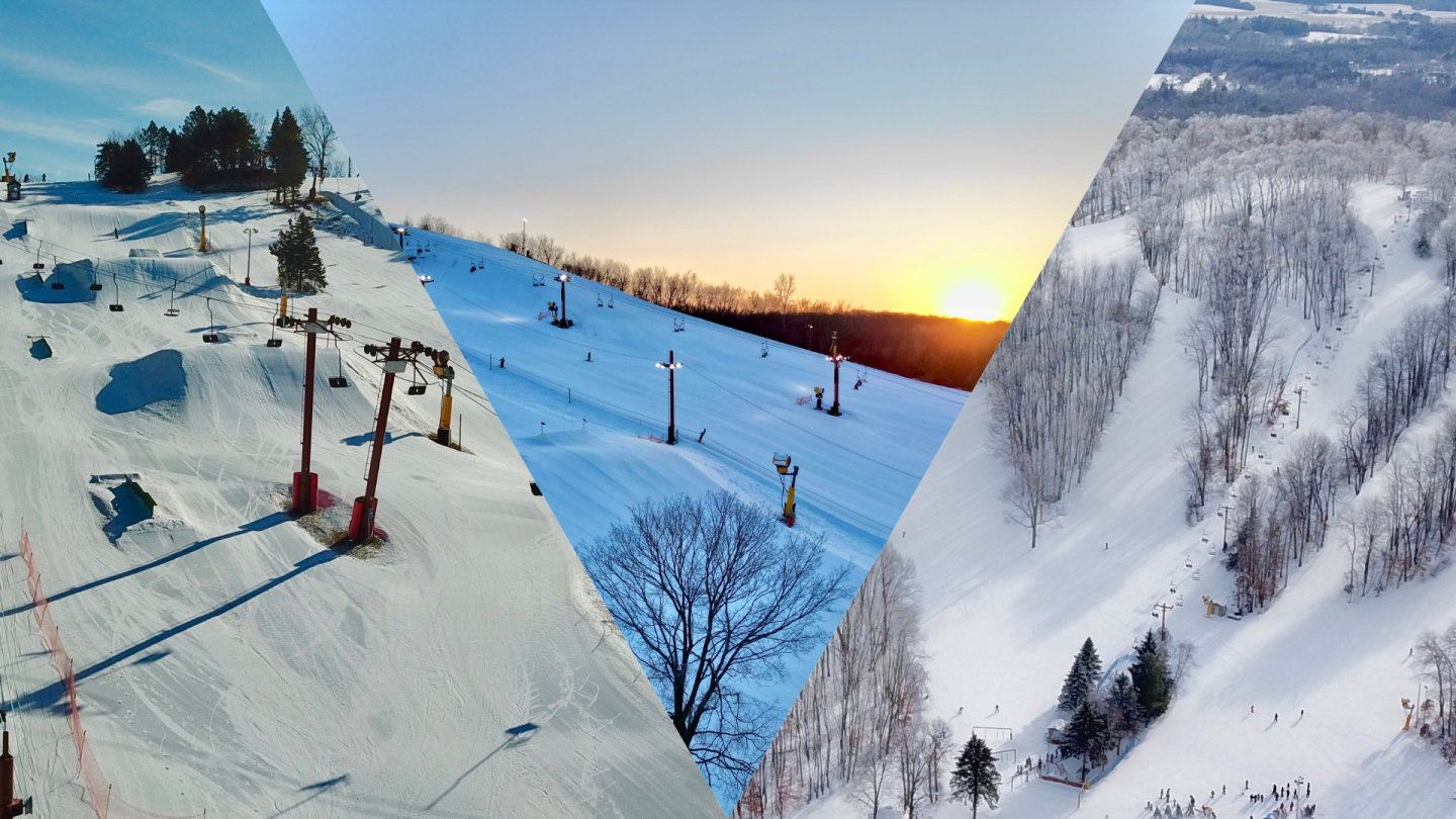 Snowy ski slopes with ski lifts against a sunset backdrop.