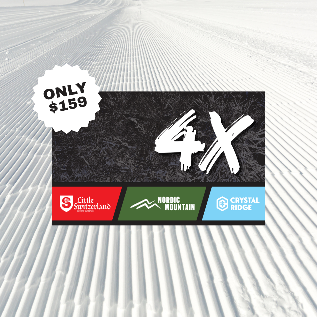 Ski pass graphic: “Only $159,” 4X, with ski resort logos on groomed snow.