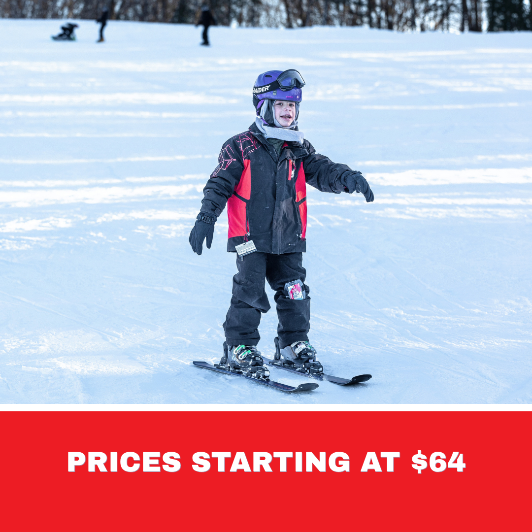 Child snowboarding on a snowy slope above a red price banner.