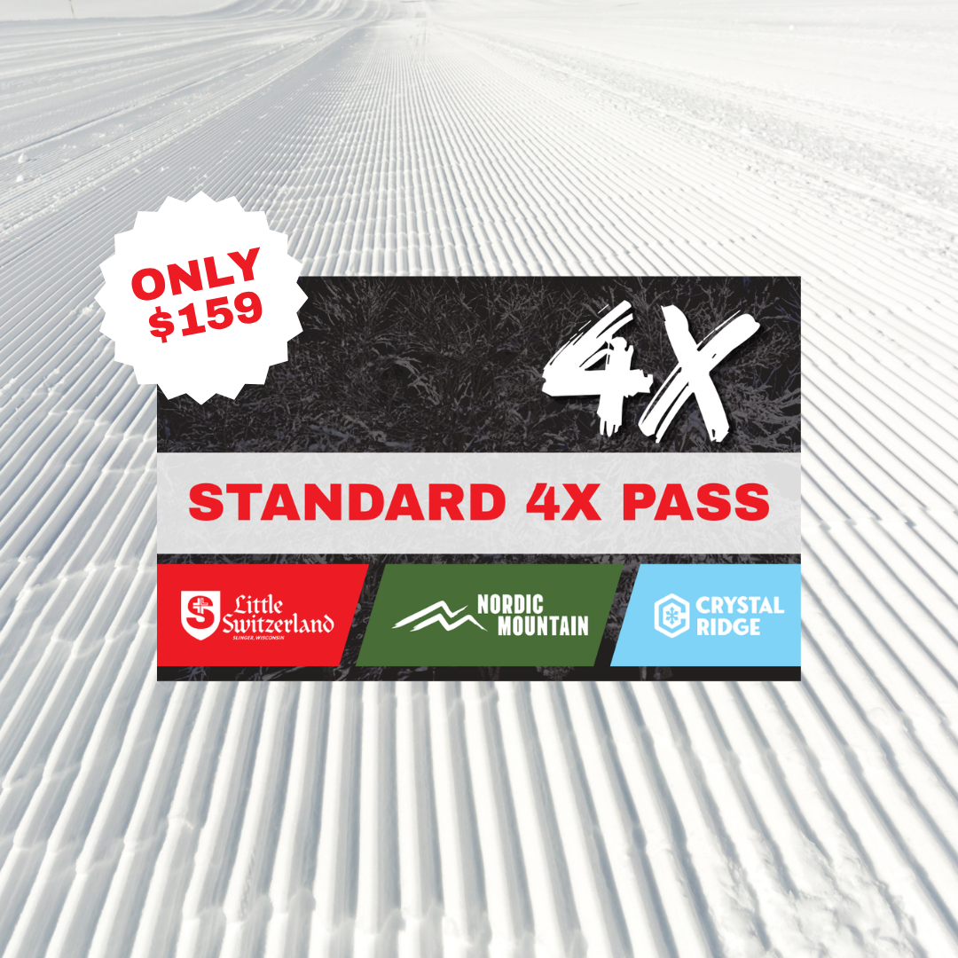 Standard 4X Pass graphic over freshly groomed ski slopes, priced $159.