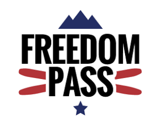 Freedom Pass logo with black text, red stripes, and blue stars