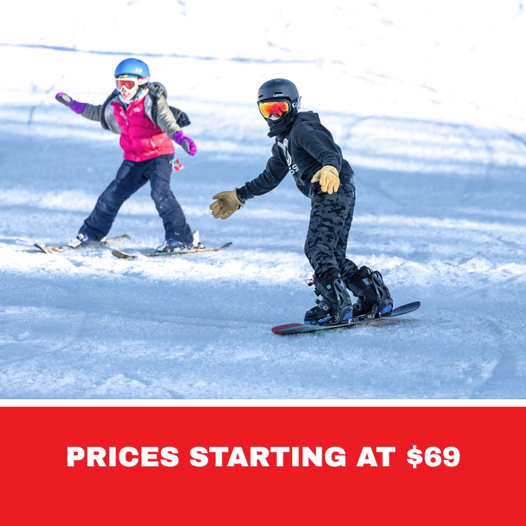Two children snowboarding on a snowy slope above a red price banner.