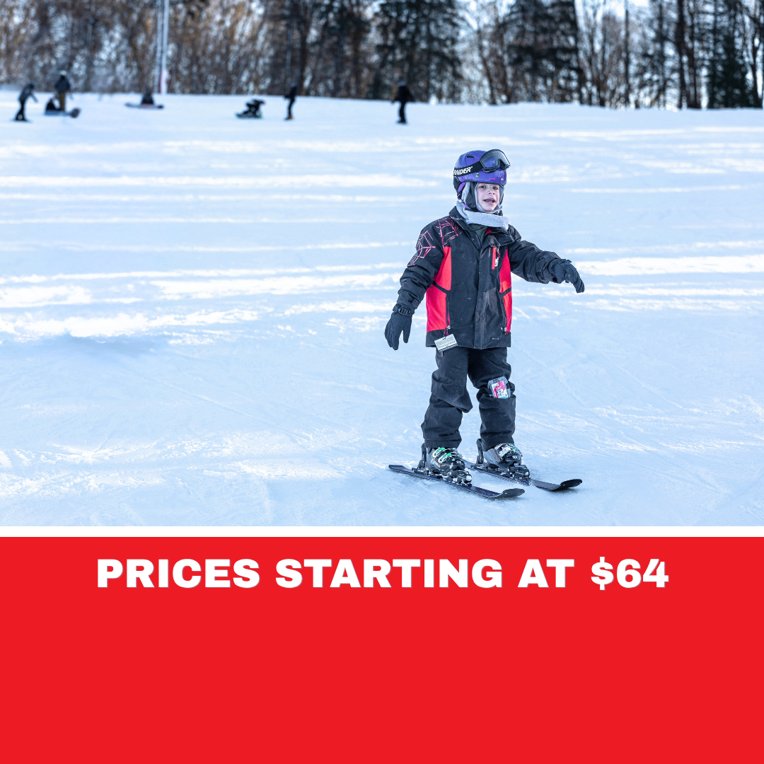 Child skiing on a snowy slope above a red price banner.