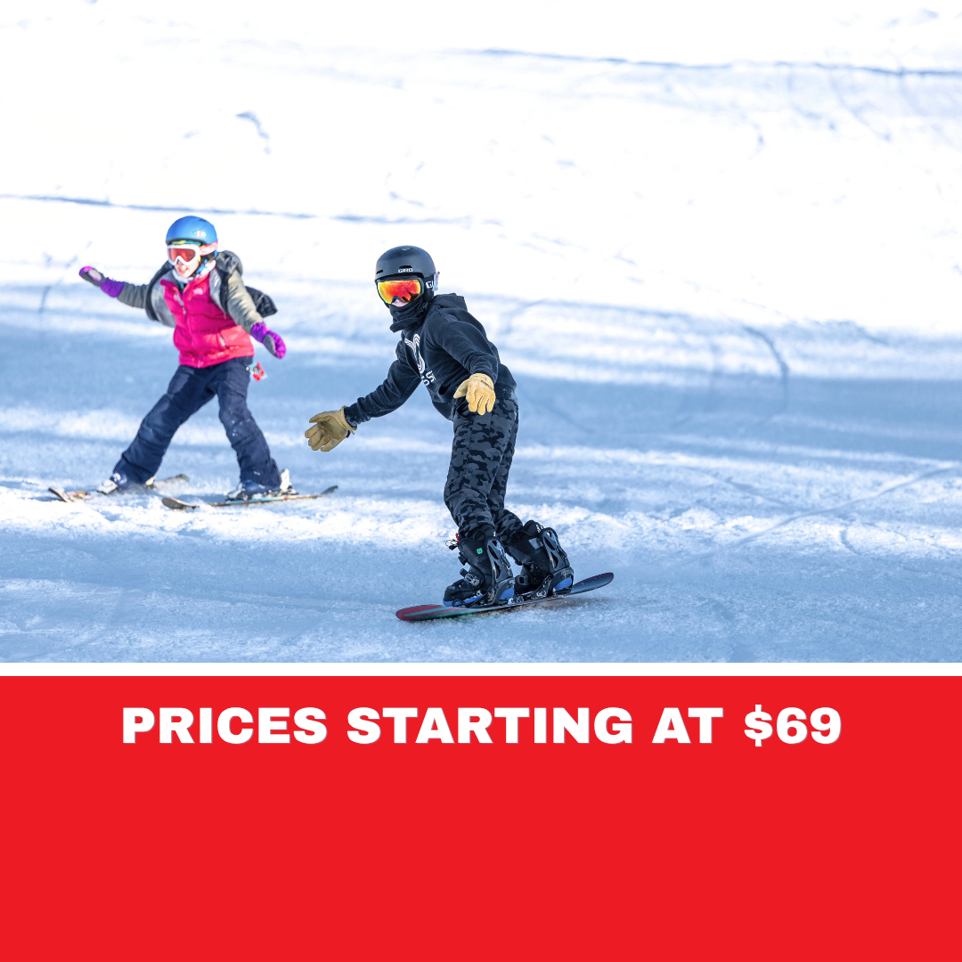 Two children snowboarding on a snowy slope above a red price banner.